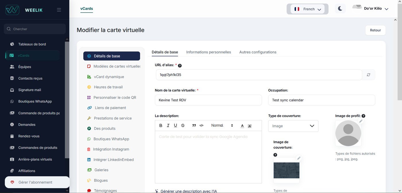 Édition d'une vCard dans l'admin Weelik