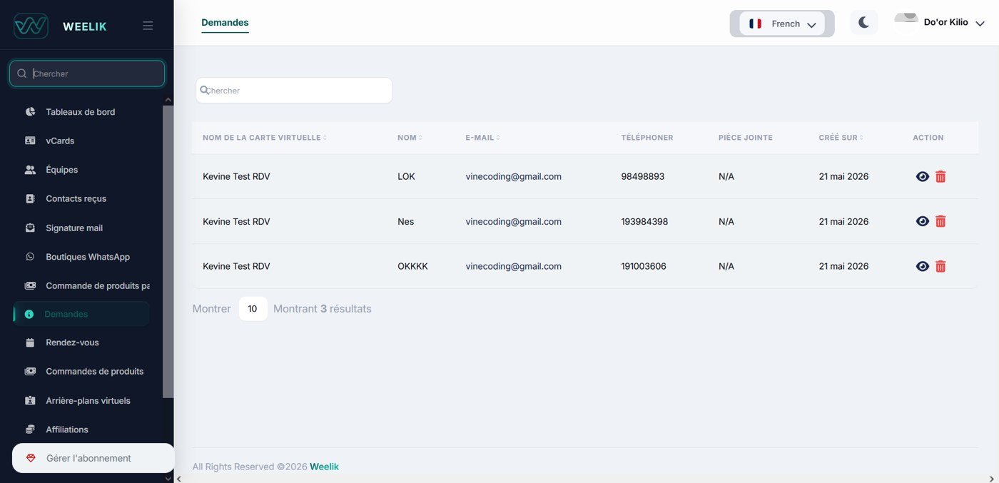 Demandes et contacts reçus dans Weelik